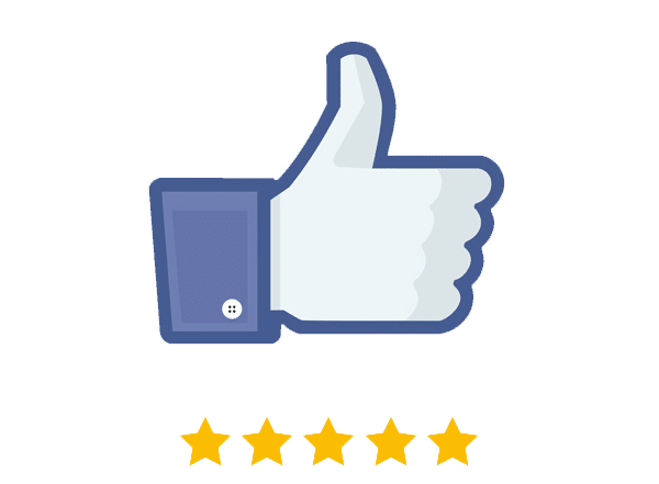 Facebook thumbs-up icon with five yellow stars, symbolizing positive reviews and client satisfaction for The Visual Storytellers Group's services.