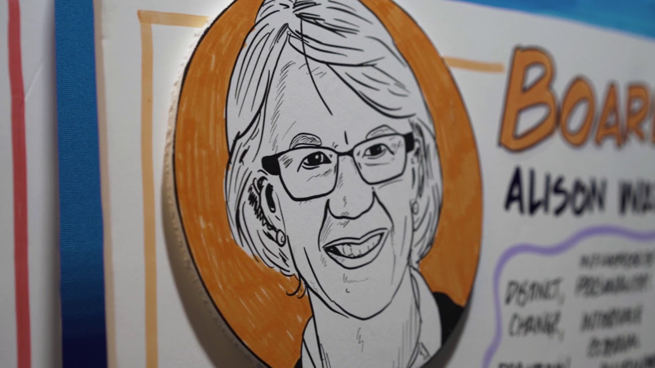 Illustration of a smiling woman with glasses, featured in a circular orange background, representing a board member, emphasizing visual storytelling at a conference event.