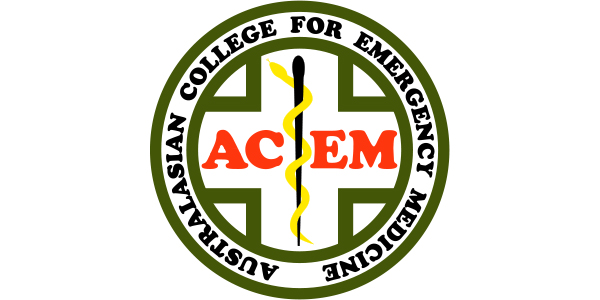 Logo of the Australasian College for Emergency Medicine (ACEM) featuring a caduceus symbol, with text highlighting the organization's focus on emergency medicine and training.