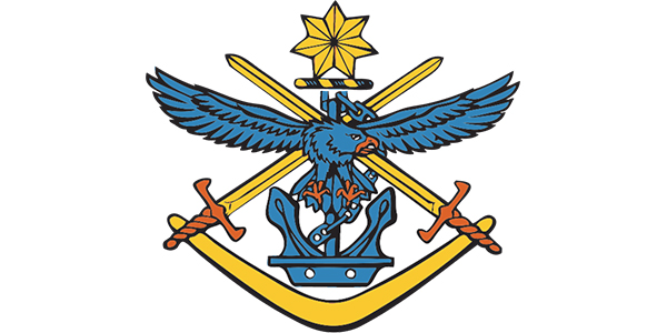 Logo of the Defence Force featuring an eagle, crossed swords, and an anchor, symbolizing strength and unity in military service.