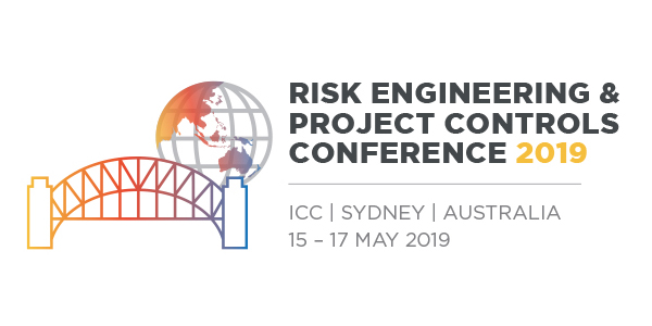 Logo for the Risk Engineering & Project Controls Conference 2019, featuring a stylized globe and Sydney Harbour Bridge, with event details including location and dates.