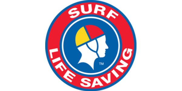 Surf Life Saving logo featuring a stylized profile of a lifeguard wearing a colored cap, surrounded by a circular red border with the words "SURF LIFE SAVING" in bold white letters.
