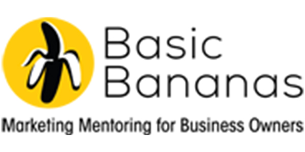 Basic Bananas logo featuring a stylized banana and the tagline "Marketing Mentoring for Business Owners," representing a creative approach to business marketing strategies.