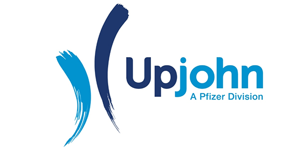 Upjohn logo, a division of Pfizer, featuring stylized blue brush strokes and modern typography, representing corporate identity in visual storytelling.