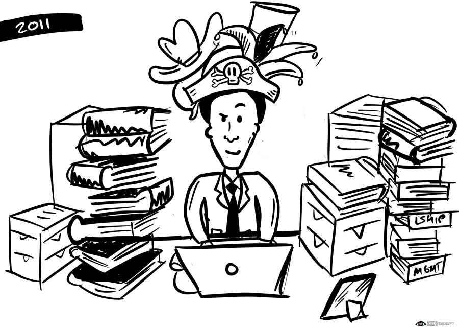 Illustration of a man in a pirate hat working at a desk cluttered with books and papers, symbolizing creativity and self-expression in visual storytelling.