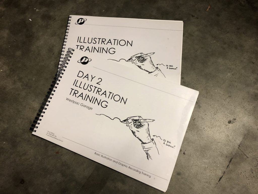 Illustration training manuals titled "Day 2 Illustration Training" and "Illustration Training" with a hand drawing holding a pen, featuring a humorous note asking, "Is this a gorilla?" on a concrete surface.