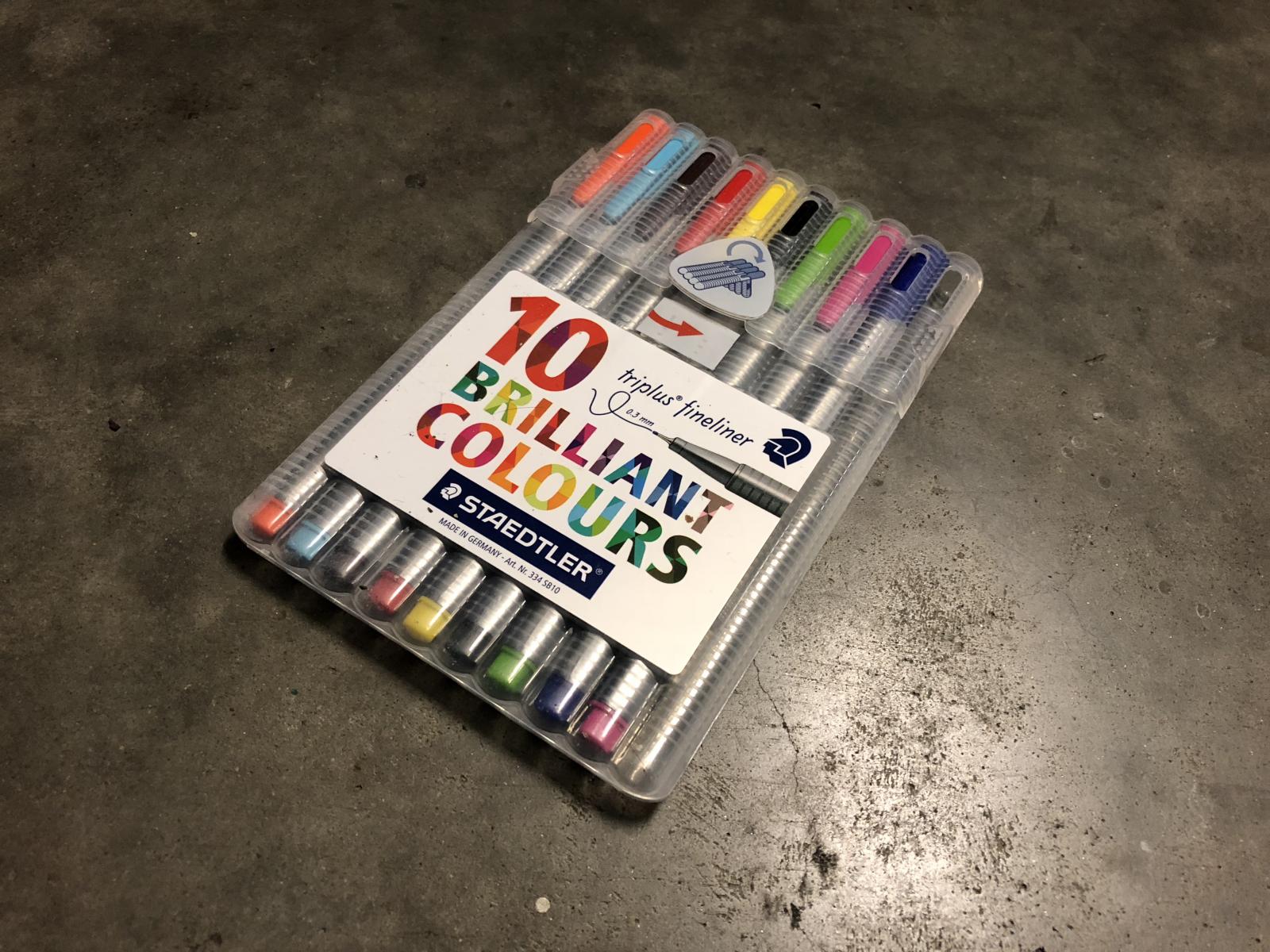 Pack of 10 brilliant colored fineliners by Staedtler, showcasing vibrant hues for graphic facilitation and visual storytelling in meetings.