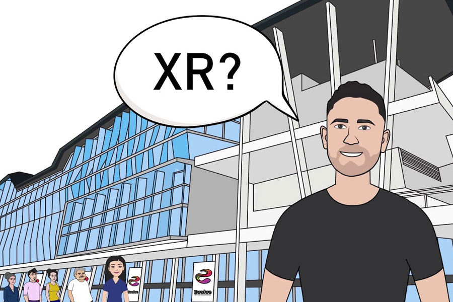 Illustration of a smiling man with short hair standing in front of a modern building, asking "XR?" with a speech bubble, surrounded by diverse figures, representing engagement at the MEA Evolve 2019 conference.