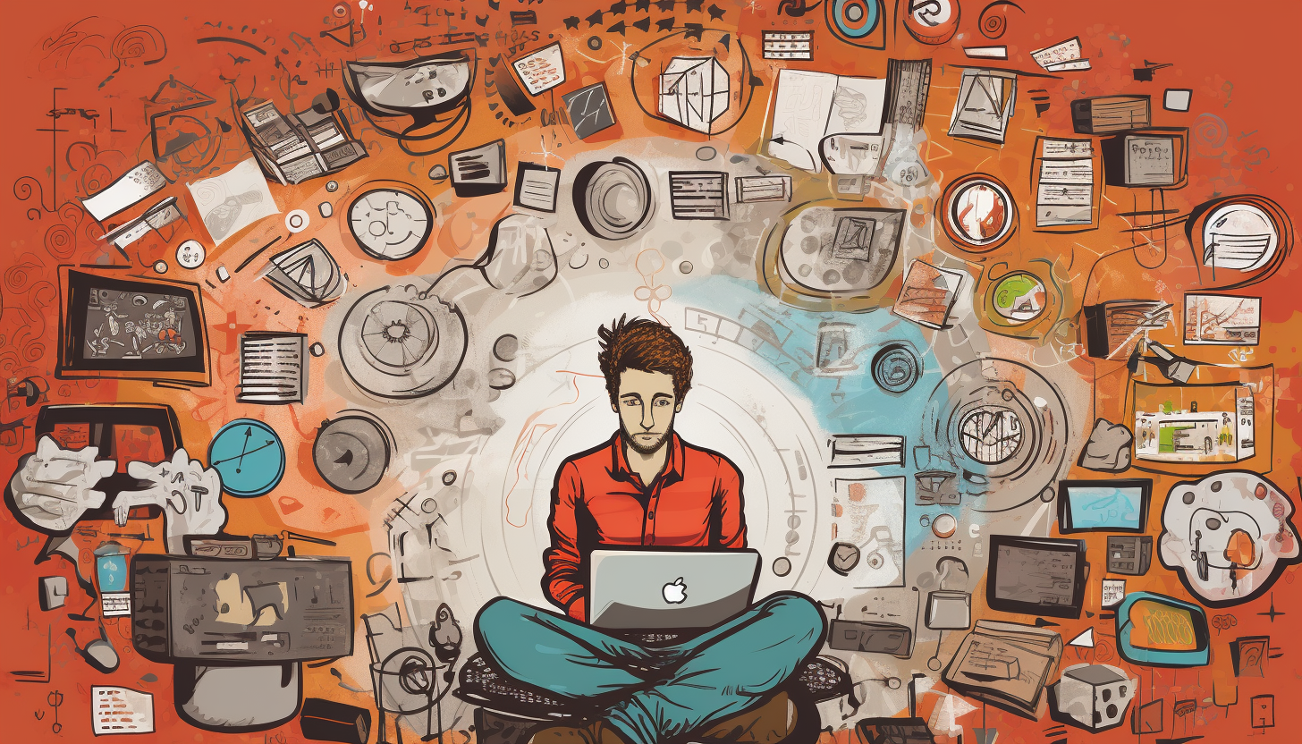 Illustration of a person in a red shirt sitting cross-legged with a laptop, surrounded by various digital devices and creative elements, symbolizing the impact of visual storytelling on content marketing strategies.