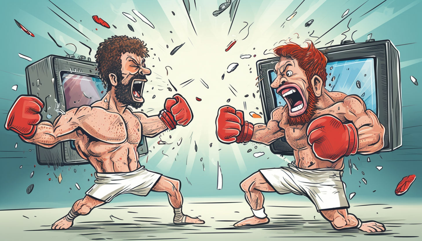 Boxers fighting in a ring, representing the clash between whiteboard explainer videos and traditional marketing videos, with broken television screens in the background symbolizing outdated marketing methods.