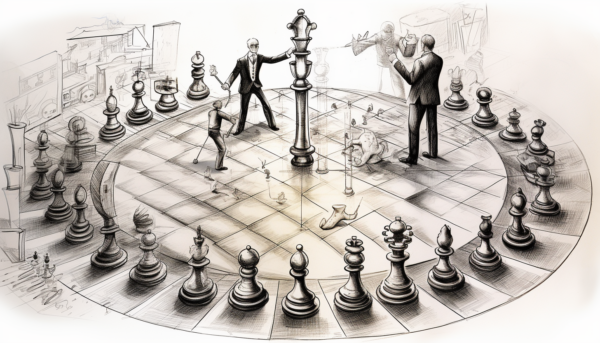 Business professionals strategizing on a chessboard, symbolizing strategic communication and planning for effective decision-making.