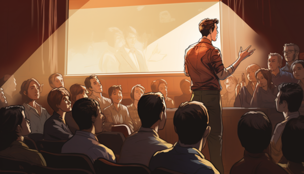 Audience engaged in a business presentation, with a speaker gesturing towards a visual aid, emphasizing strategic communication and audience interaction.