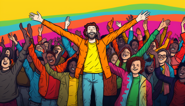 Crowd of diverse people enthusiastically celebrating with raised arms, featuring a central figure in a bright orange jacket, illustrating engagement and connection in strategic communication.