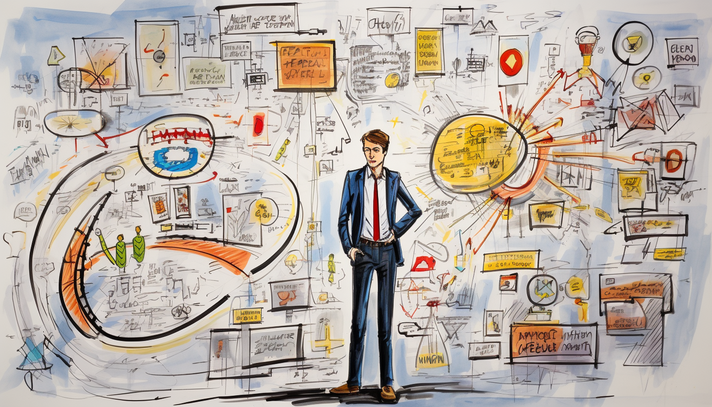 Graphic recorder illustrating complex ideas with visual notes, featuring a professional in business attire, surrounded by colorful sketches and text elements representing concepts and discussions in graphic recording.