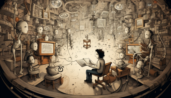 Person sitting in a chair reading a book surrounded by robotic figures and screens in a cluttered, imaginative library setting, illustrating the concept of visual storytelling and communication.