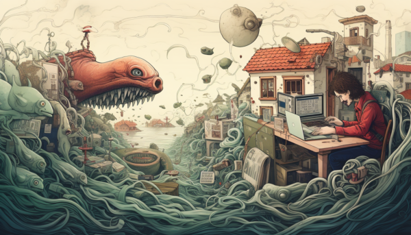 Surreal illustration depicting a person working on a laptop amidst a chaotic scene of swirling green tendrils, a giant red creature, and fragmented buildings, symbolizing the complexities of visual storytelling and change communication.