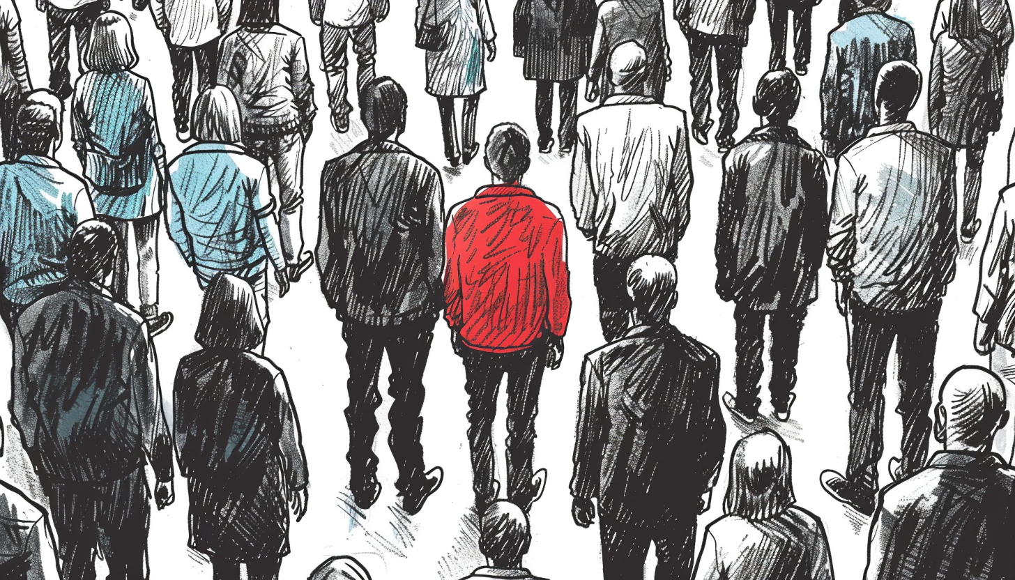 Illustration of a crowded scene with a single figure in a red jacket standing out among a group of people in dark clothing, symbolizing differentiation and the importance of visual storytelling for brands.
