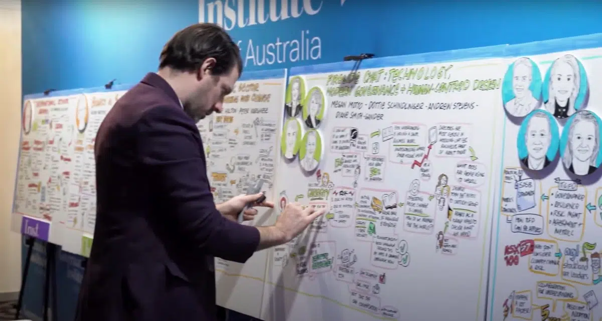 Man creating a live graphic recording at an Australian strategy session, illustrating key insights and speaker contributions on a large visual board.