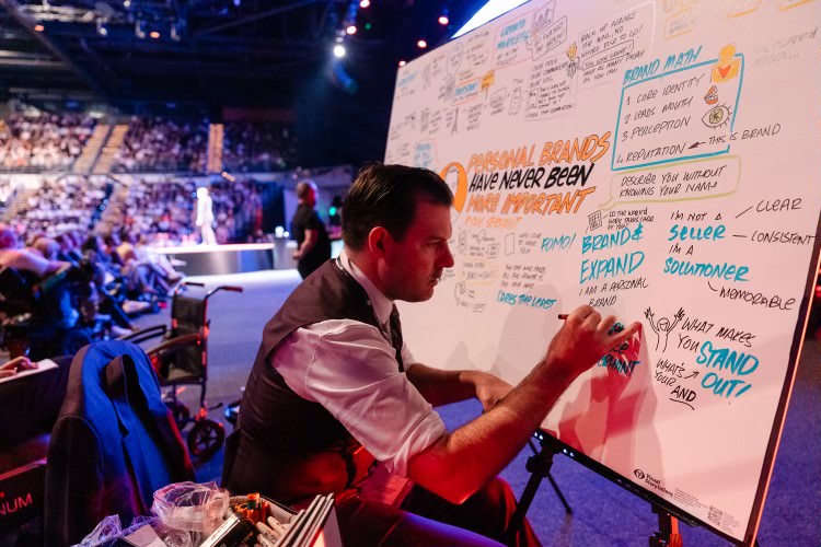 A man sketching visual notes on a large whiteboard