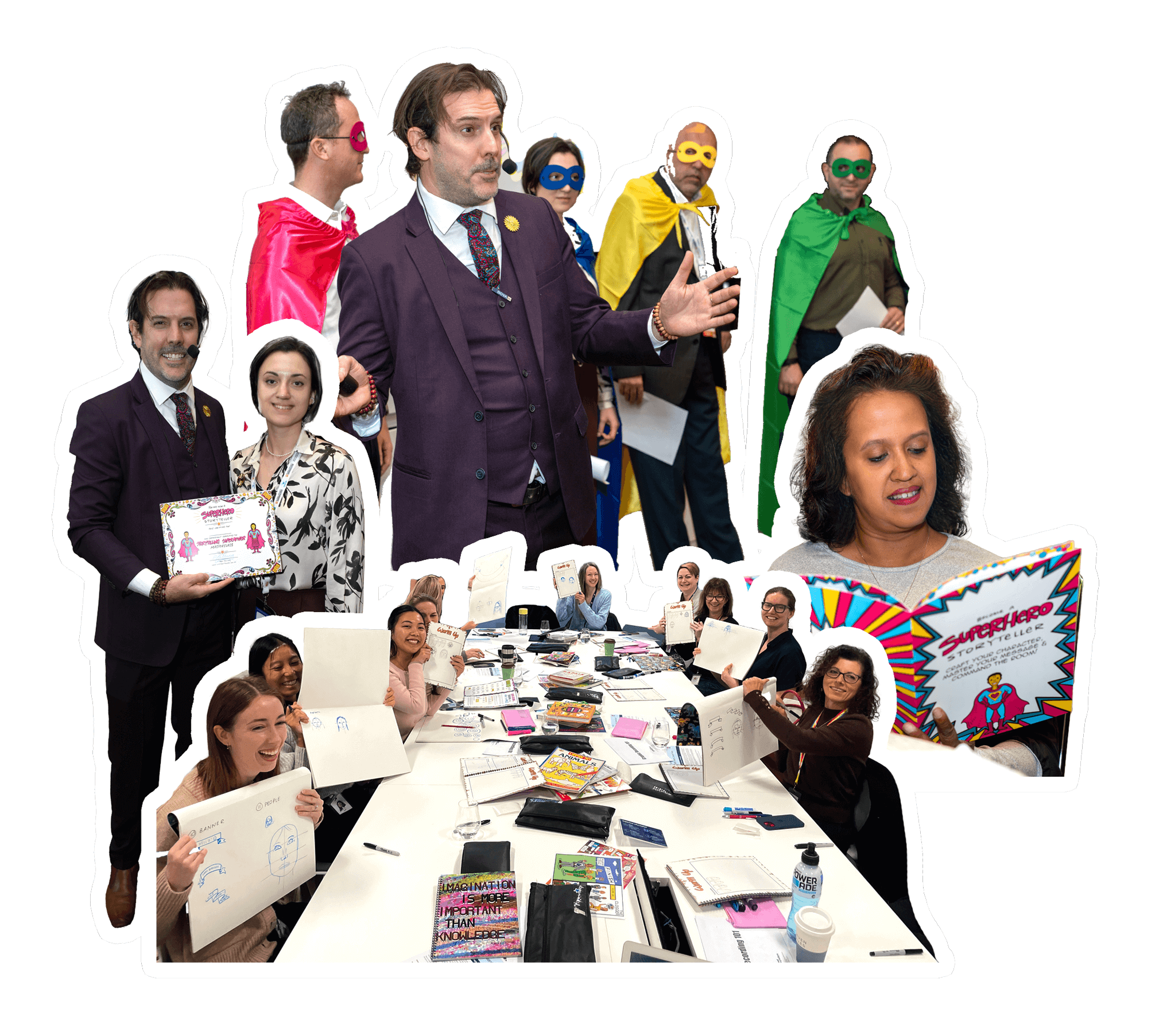 A diverse group of adults participates in a creative workshop featuring drawing activities, presentations, and superhero-themed costumes. Some attendees are holding up their sketches, while others are dressed in colorful superhero capes and masks.