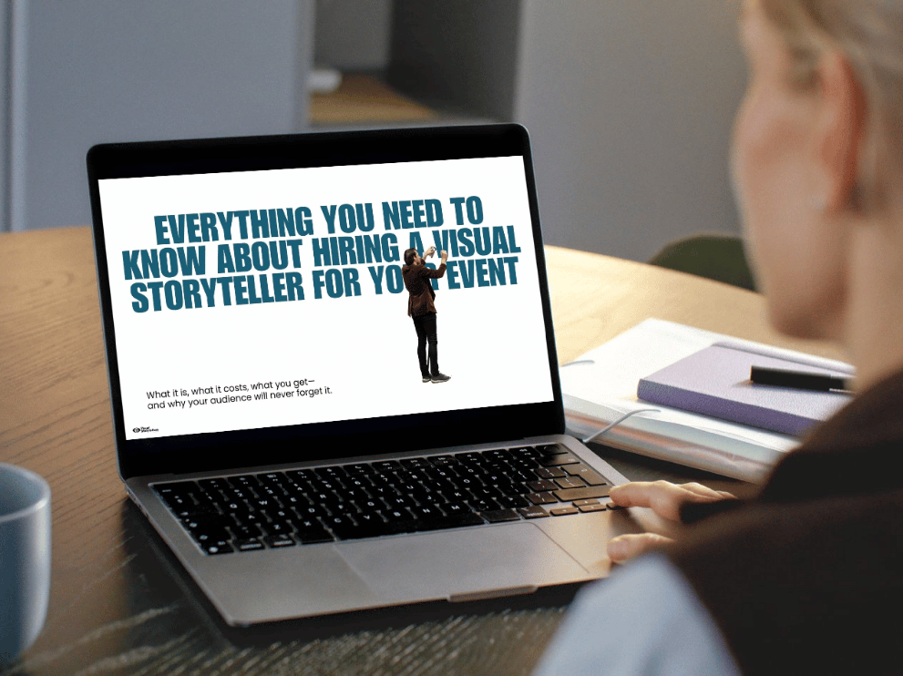 A person watching an online presentation on a laptop about hiring a visual storyteller for events. The slide on the screen highlights key points like cost, what is included, and the lasting impact on the audience.