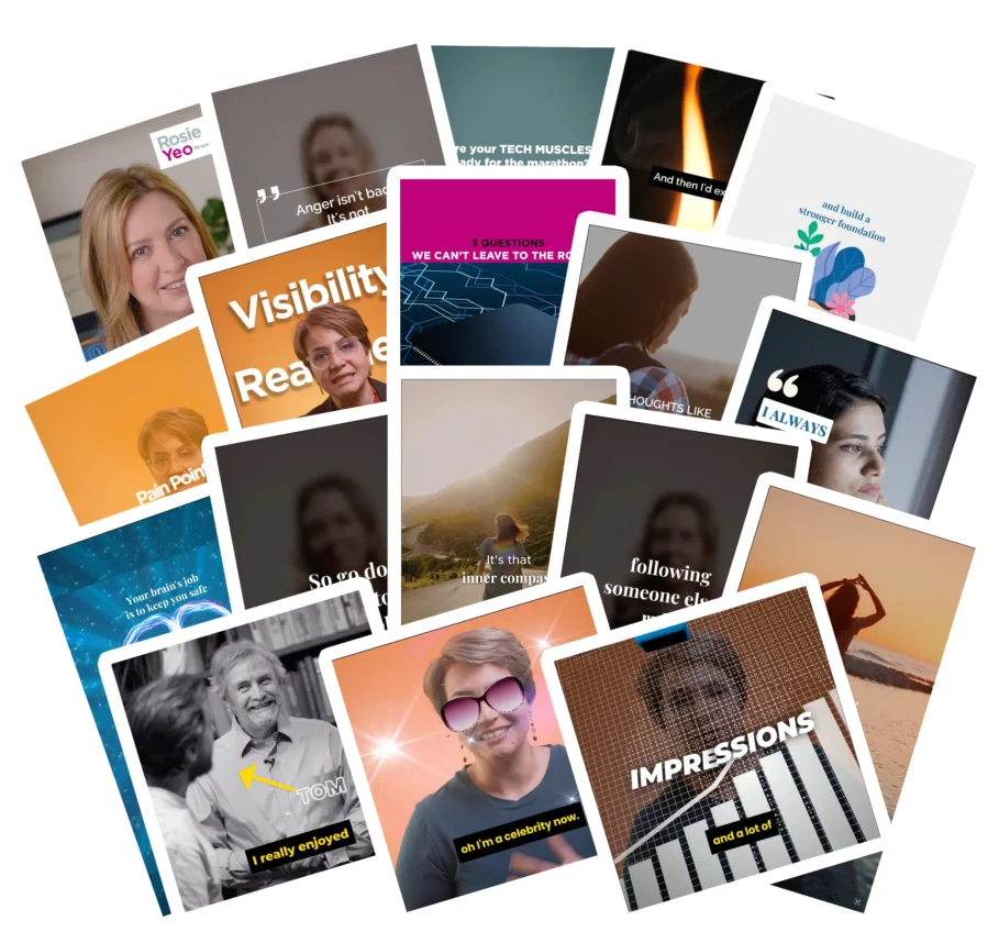 Collage of diverse video content showcasing personal branding, leadership insights, and engaging quotes for busy professionals.