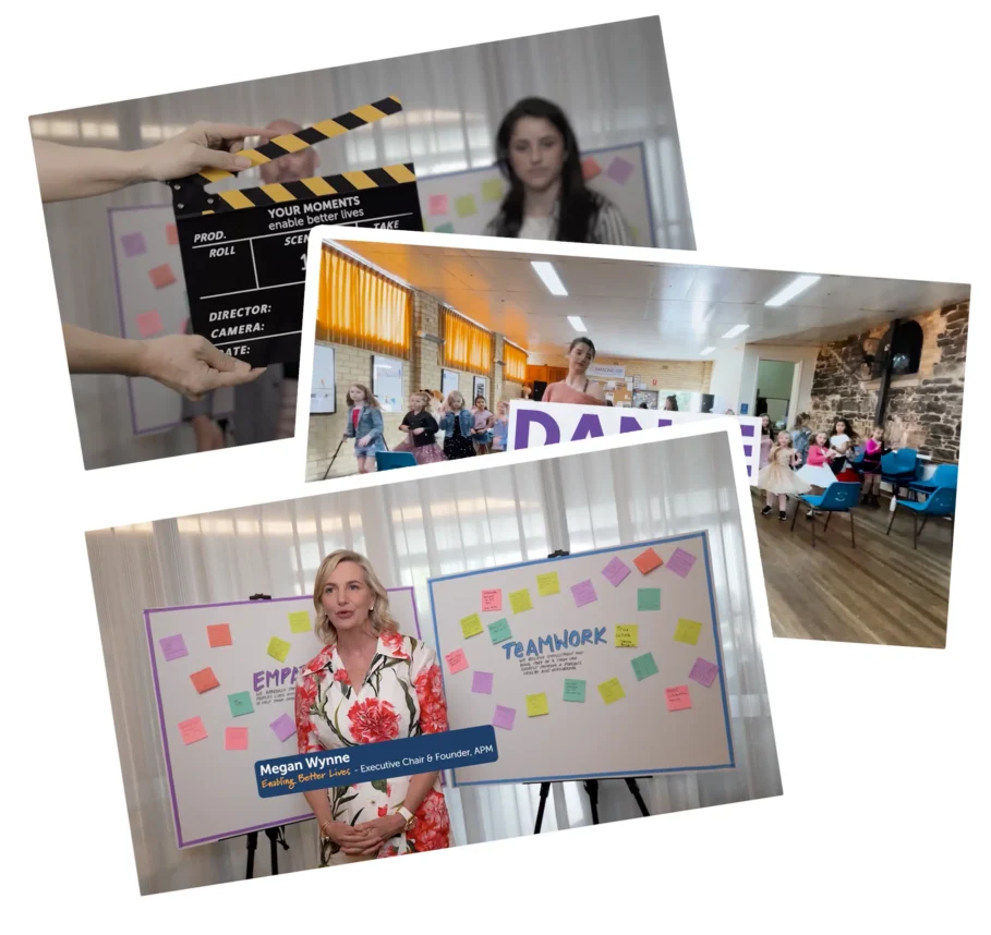 Video production scene featuring a clapperboard, a presenter, and an audience engaged in a storytelling workshop, emphasizing teamwork and emotional connection.